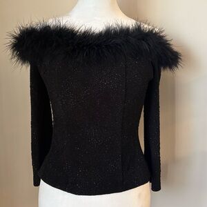 Alex Evenings Vintage Black Feather Trim Corset Top Boned M